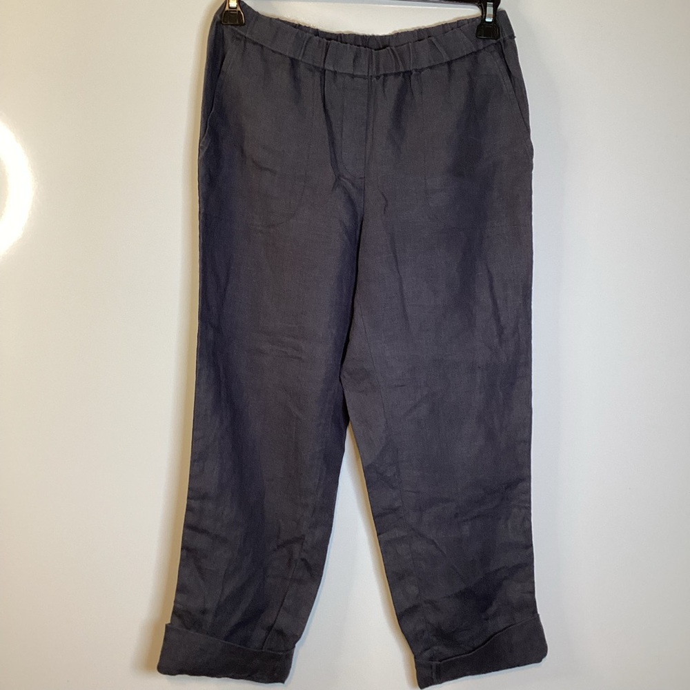 Pure Jill 100% Linen Pull On Convertible Roll Tab Pants Dark Gray NWOT